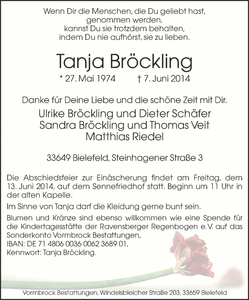  Traueranzeige für Tanja Bröckling vom 10.06.2014 aus Neue Westfälische