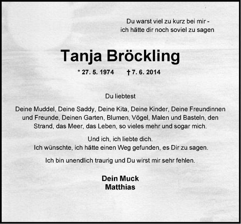  Traueranzeige für Tanja Bröckling vom 10.06.2014 aus Neue Westfälische