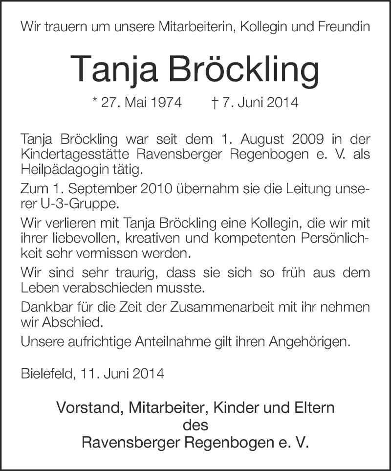  Traueranzeige für Tanja Bröckling vom 12.06.2014 aus Neue Westfälische