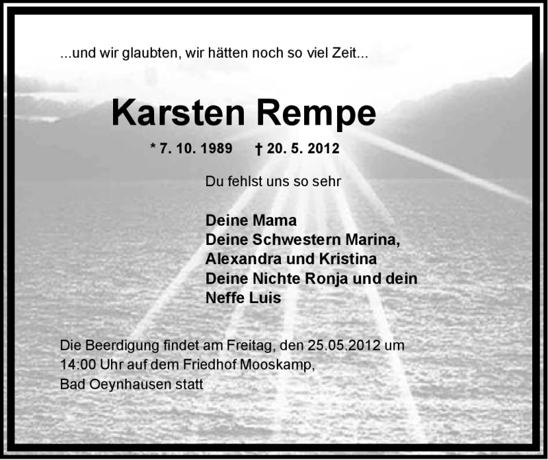  Traueranzeige für Karsten Rempe vom 24.05.2012 aus Neue Westfälische