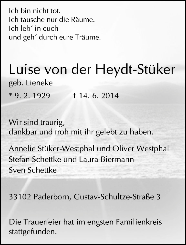  Traueranzeige für Luise von der Heydt-Stüker vom 21.06.2014 aus Neue Westfälische