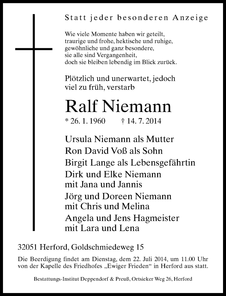  Traueranzeige für Ralf Niemann vom 19.07.2014 aus Neue Westfälische
