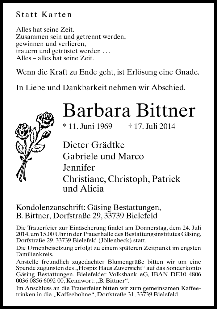  Traueranzeige für Barbara Bittner vom 19.07.2014 aus Neue Westfälische