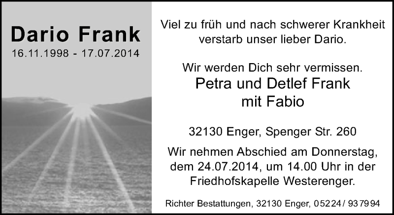  Traueranzeige für Dario Frank vom 21.07.2014 aus Neue Westfälische