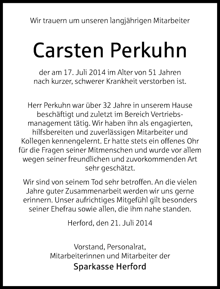  Traueranzeige für Carsten Perkuhn vom 23.07.2014 aus Neue Westfälische