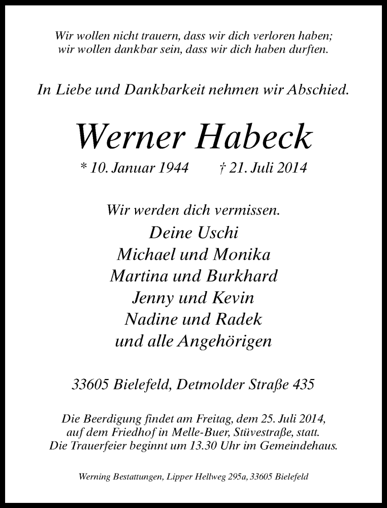  Traueranzeige für Werner Habeck vom 23.07.2014 aus Neue Westfälische