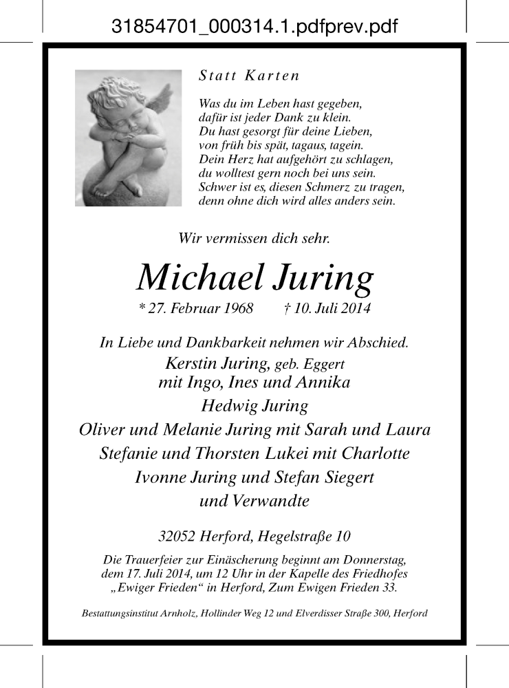  Traueranzeige für Michael Juring vom 15.07.2014 aus Neue Westfälische