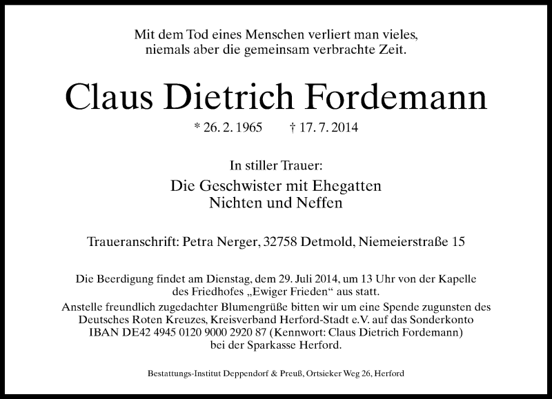  Traueranzeige für Claus Dietrich Fordemann vom 26.07.2014 aus Neue Westfälische
