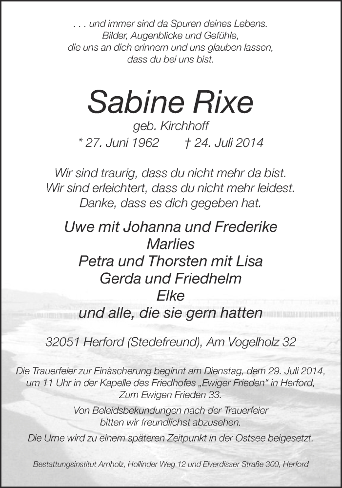  Traueranzeige für Sabine Rixe vom 26.07.2014 aus Neue Westfälische
