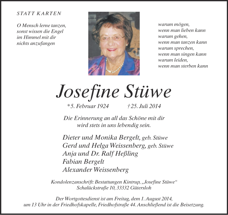  Traueranzeige für Josefine Stüwe vom 29.07.2014 aus Neue Westfälische