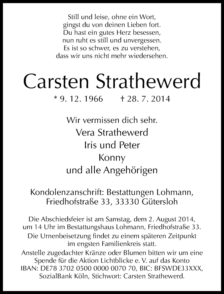  Traueranzeige für Carsten Strathewerd vom 31.07.2014 aus Neue Westfälische