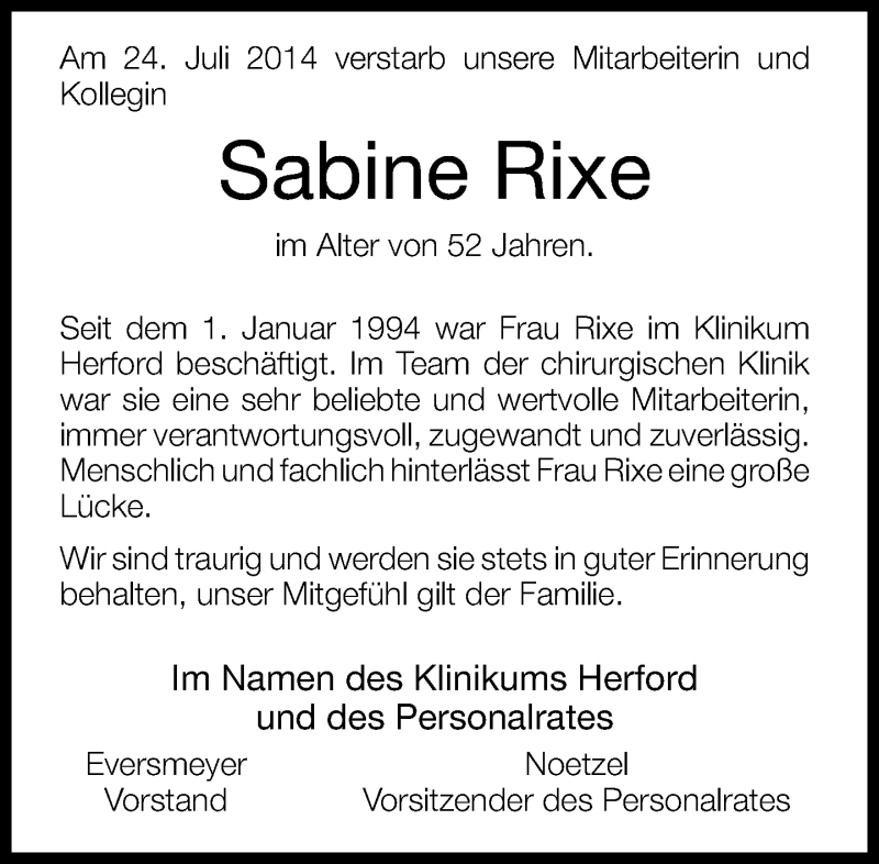  Traueranzeige für Sabine Rixe vom 31.07.2014 aus Neue Westfälische