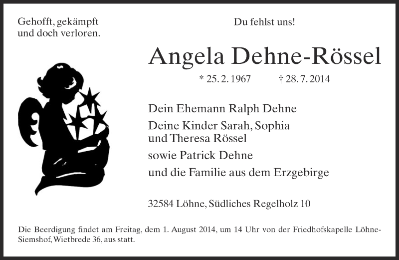  Traueranzeige für Angela Dehne-Rössel vom 31.07.2014 aus Neue Westfälische