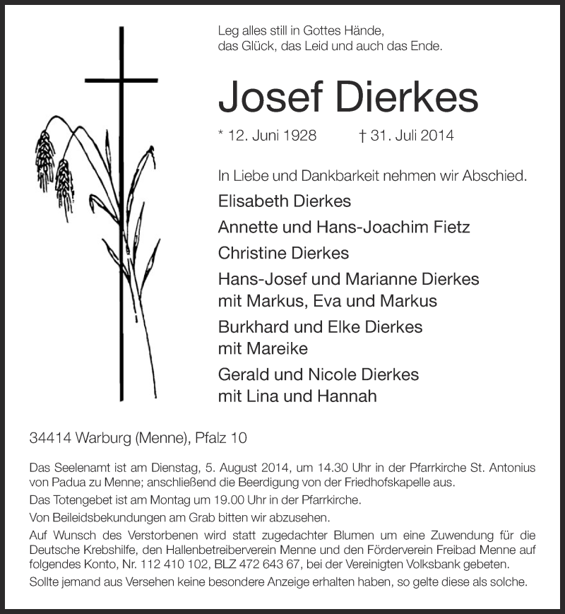  Traueranzeige für Josef Dierkes vom 01.08.2014 aus Neue Westfälische