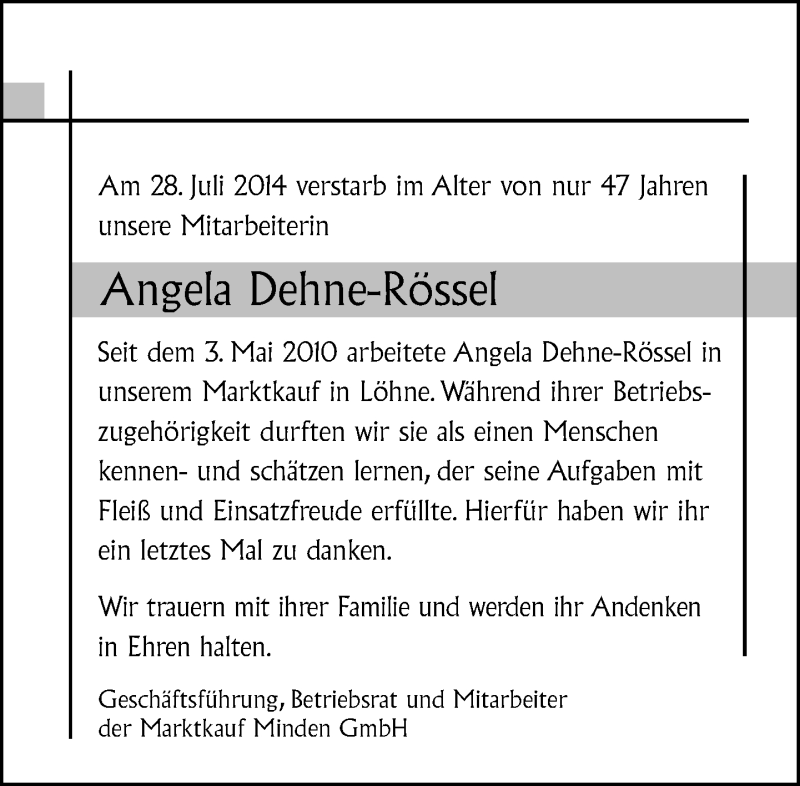  Traueranzeige für Angela Dehne-Rössel vom 02.08.2014 aus Neue Westfälische
