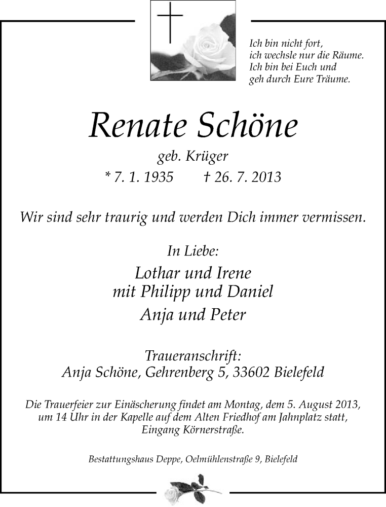  Traueranzeige für Renate Schöne vom 31.07.2013 aus Neue Westfälische