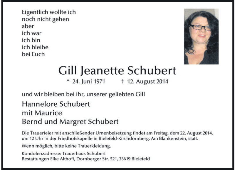  Traueranzeige für Gill Jeanette Schubert vom 16.08.2014 aus Neue Westfälische