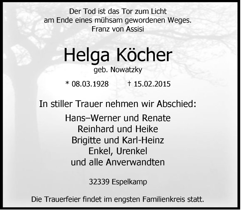  Traueranzeige für Helga Köcher vom 17.02.2015 aus Neue Westfälische