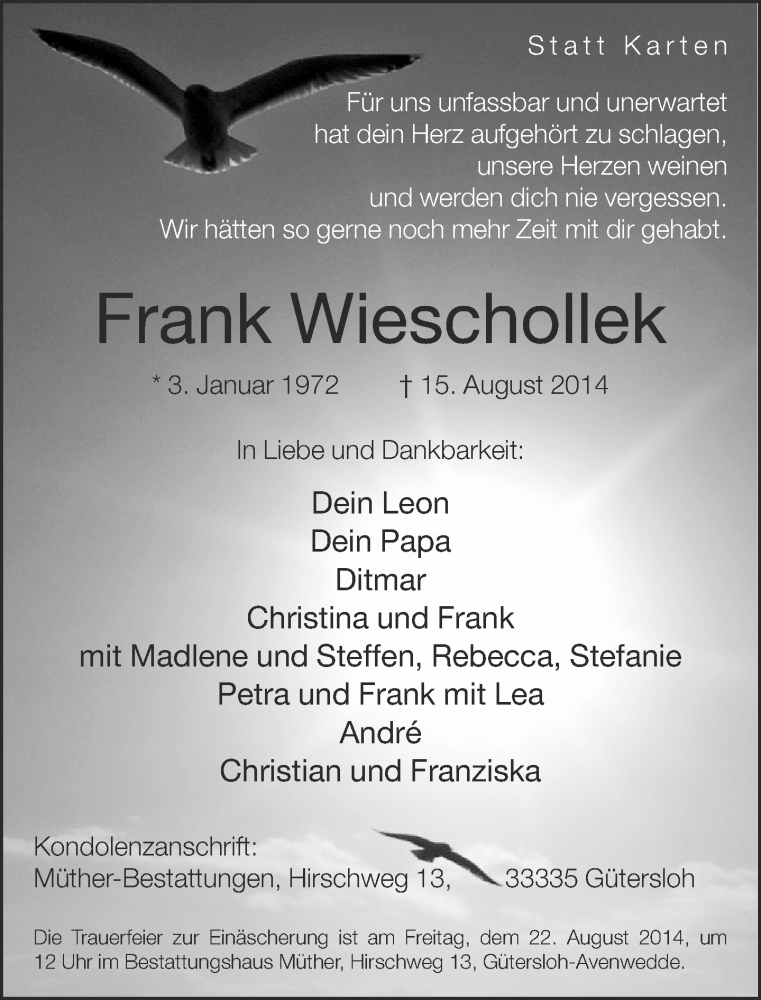  Traueranzeige für Frank Wieschollek vom 20.08.2014 aus Neue Westfälische