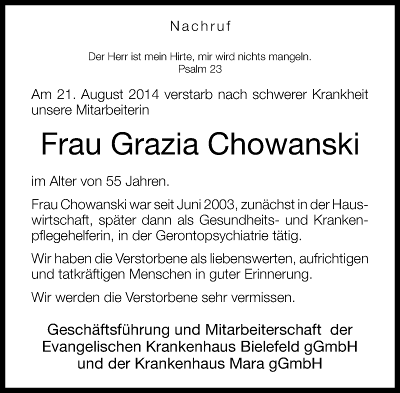  Traueranzeige für Grazia Chowanski vom 23.08.2014 aus Neue Westfälische