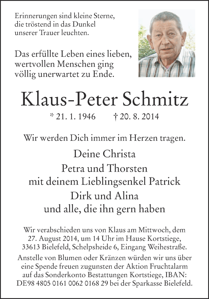  Traueranzeige für Klaus-Peter Schmitz vom 23.08.2014 aus Neue Westfälische