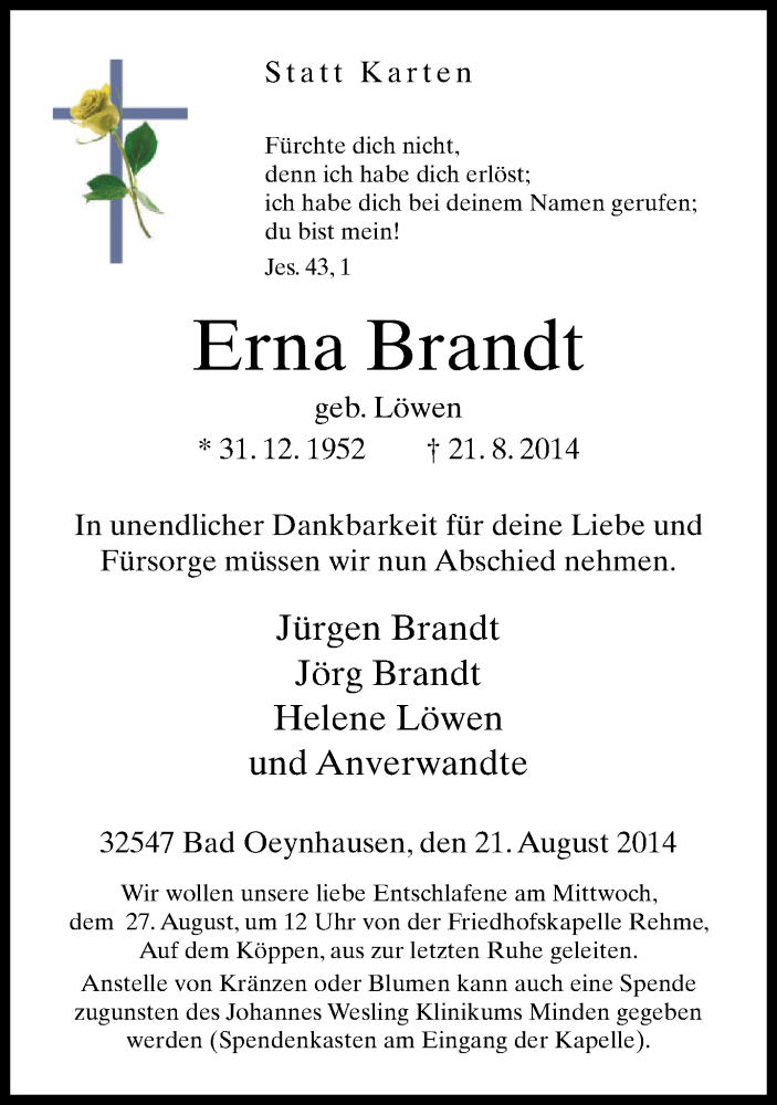  Traueranzeige für Erna Brandt vom 23.08.2014 aus Neue Westfälische