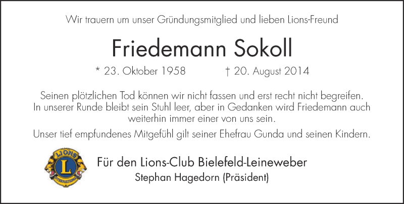  Traueranzeige für Friedemann Sokoll vom 23.08.2014 aus Neue Westfälische