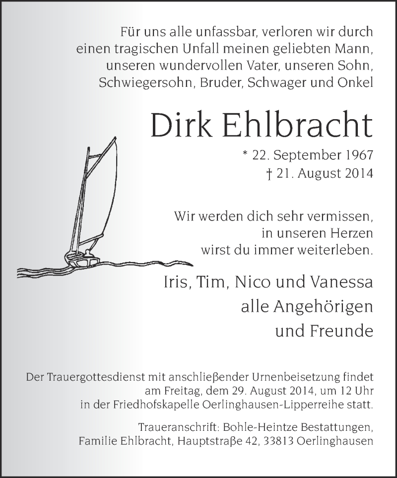  Traueranzeige für Dirk Ehlbracht vom 25.08.2014 aus Neue Westfälische