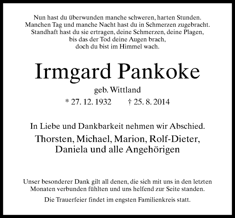  Traueranzeige für Irmgard Pankoke vom 30.08.2014 aus Neue Westfälische
