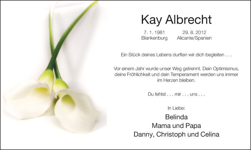  Traueranzeige für Kay - Baby Albrecht vom 29.08.2013 aus Neue Westfälische