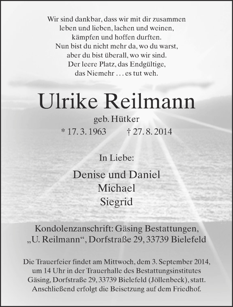  Traueranzeige für Ulrike Reilmann vom 30.08.2014 aus Neue Westfälische