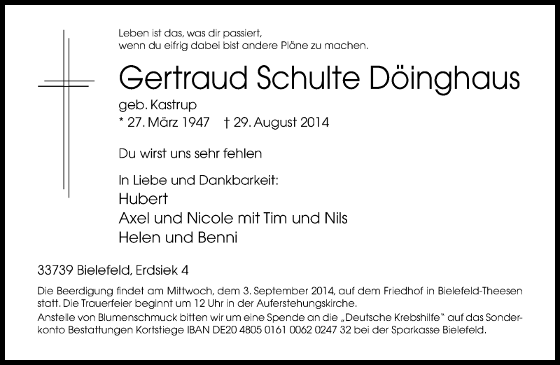  Traueranzeige für Getraud  Schulte Döinghaus vom 01.09.2014 aus Neue Westfälische