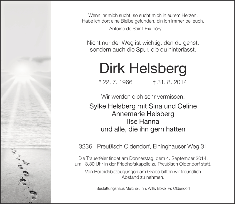  Traueranzeige für Dirk Helsberg vom 02.09.2014 aus Neue Westfälische