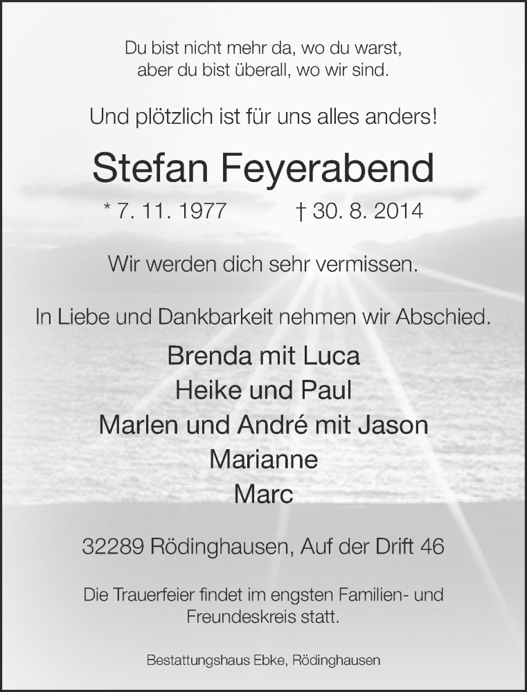  Traueranzeige für Stefan Feyerabend vom 02.09.2014 aus Neue Westfälische