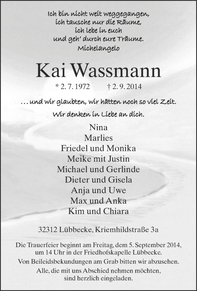  Traueranzeige für Kai Wassmann vom 03.09.2014 aus Neue Westfälische