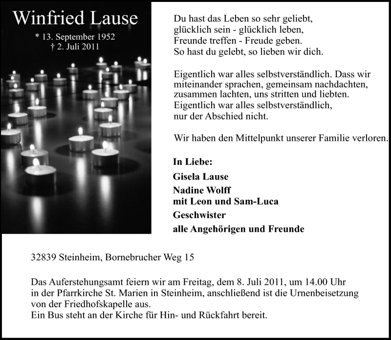  Traueranzeige für Winfried Lause vom 05.07.2011 aus Neue Westfälische
