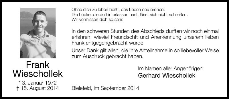  Traueranzeige für Frank Wieschollek vom 06.09.2014 aus Neue Westfälische