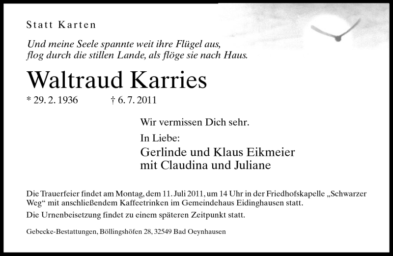  Traueranzeige für Waltraud und Harald Karries vom 07.07.2011 aus Neue Westfälische