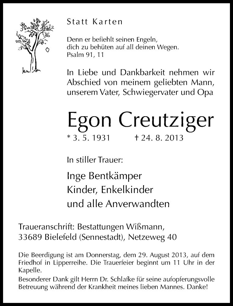 Traueranzeige für Egon Creutziger vom 26.08.2013 aus Neue Westfälische