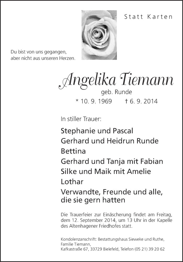  Traueranzeige für Angelika Tiemann vom 09.09.2014 aus Neue Westfälische