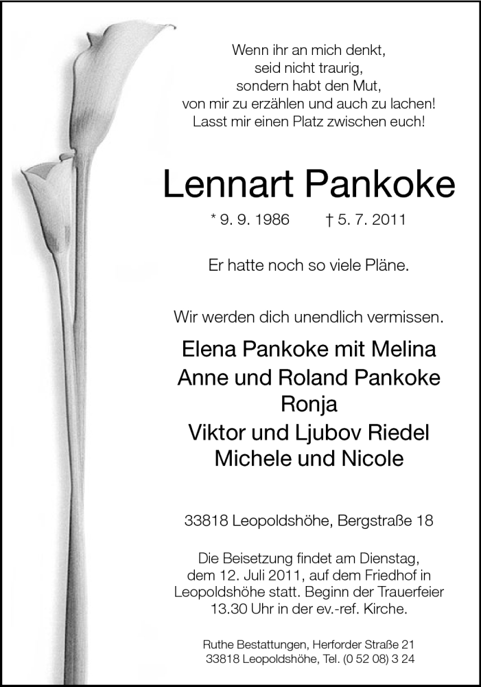  Traueranzeige für Lennart Pankoke vom 08.07.2011 aus Neue Westfälische