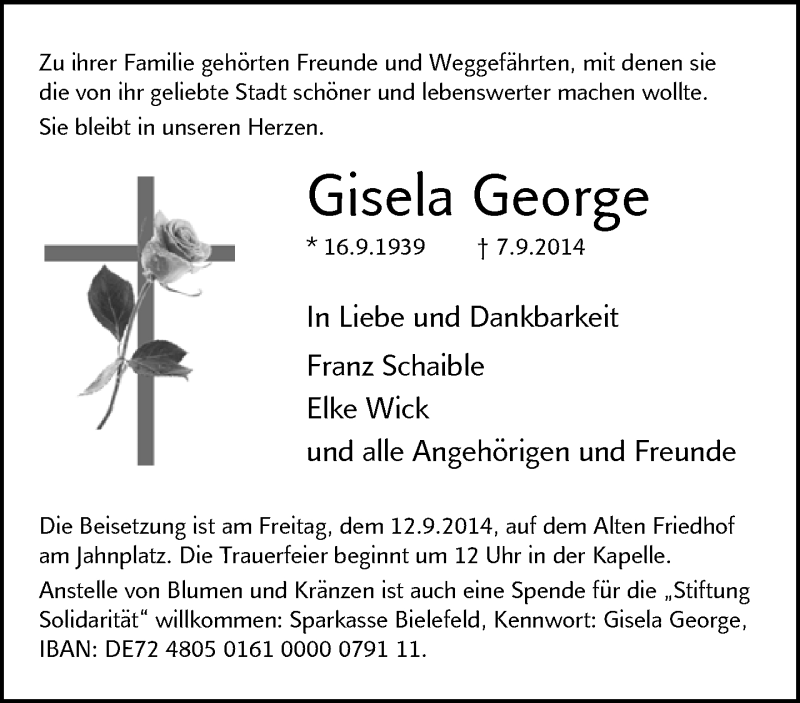  Traueranzeige für Gisela George vom 09.09.2014 aus Neue Westfälische