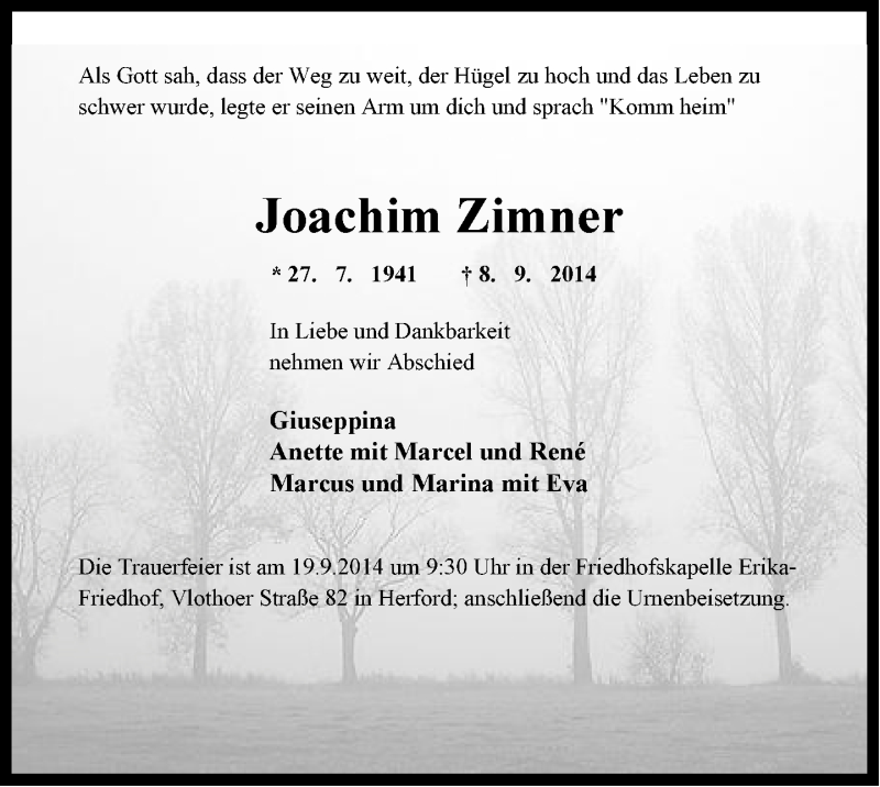  Traueranzeige für Joachim Zimner vom 13.09.2014 aus Neue Westfälische