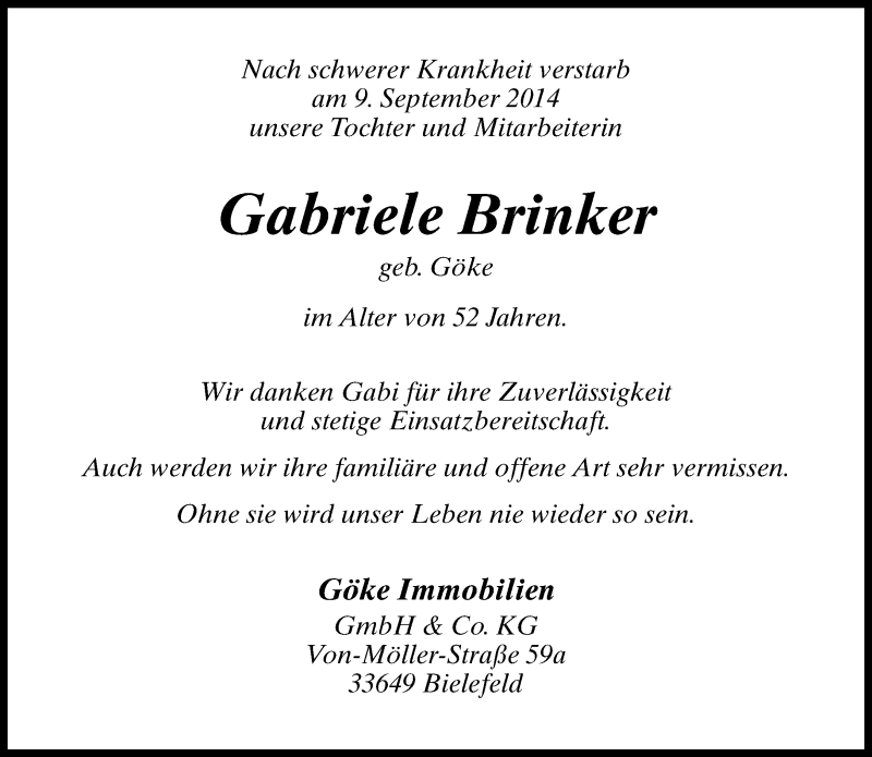  Traueranzeige für Gabriele Brinker vom 11.09.2014 aus Neue Westfälische