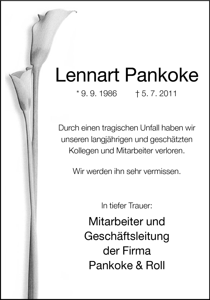  Traueranzeige für Lennart Pankoke vom 14.07.2011 aus Neue Westfälische