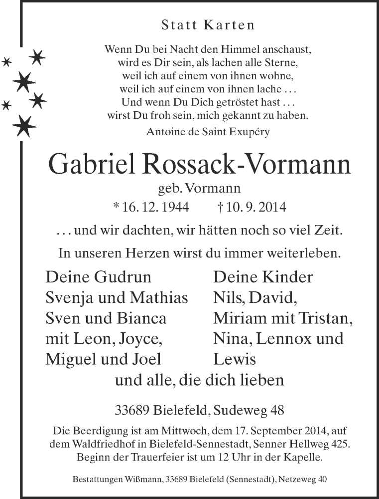  Traueranzeige für Gabriel Rossack-Vormann vom 13.09.2014 aus Neue Westfälische
