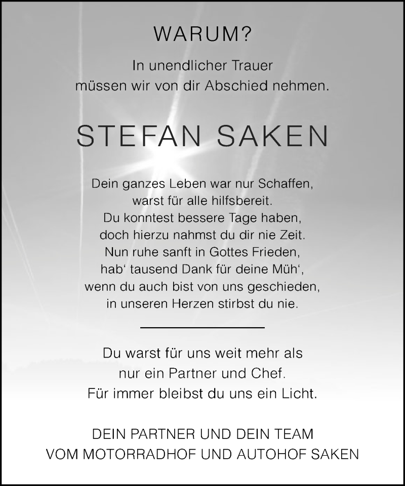  Traueranzeige für Stefan Saken vom 17.09.2014 aus Neue Westfälische