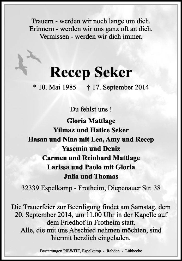  Traueranzeige für Recep Seker vom 19.09.2014 aus Neue Westfälische