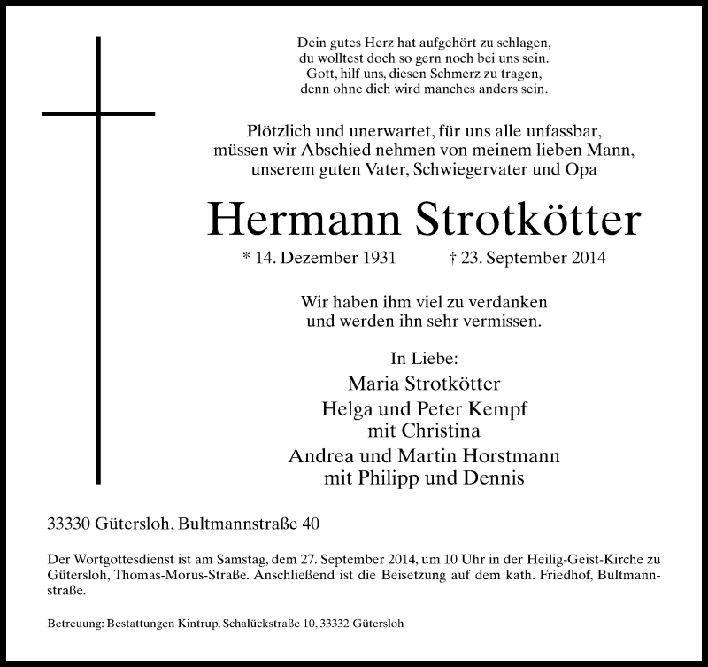  Traueranzeige für Hermann Strotkötter vom 25.09.2014 aus Neue Westfälische