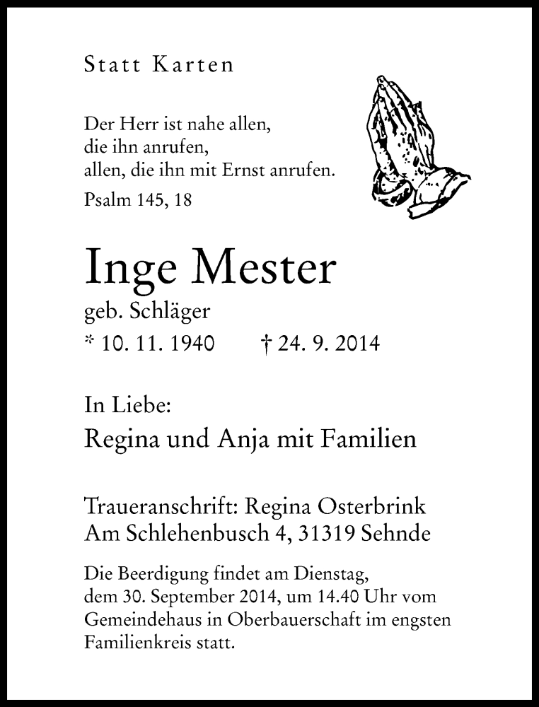  Traueranzeige für Inge Mester vom 27.09.2014 aus Neue Westfälische
